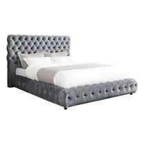 Goy Queen Size Bed- Diamond Tufted Gray Velvet Upholstery- Low Profile