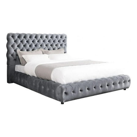 Goy Queen Size Bed- Diamond Tufted Gray Velvet Upholstery- Low Profile