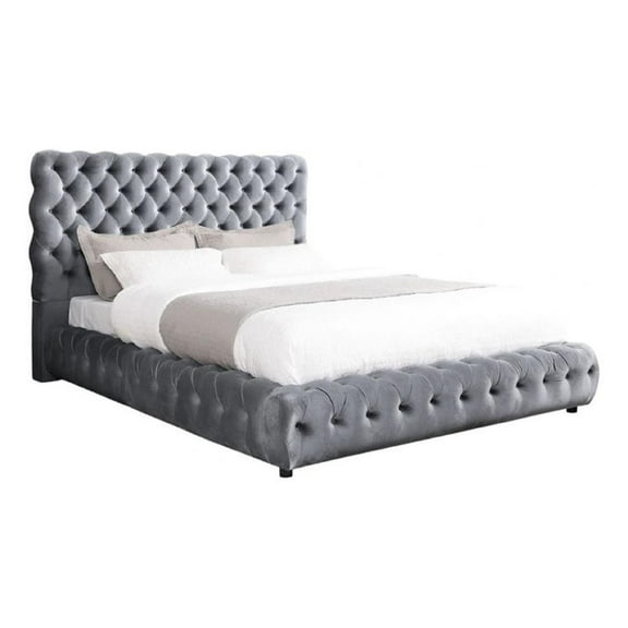 Goy Queen Size Bed- Diamond Tufted Gray Velvet Upholstery- Low Profile