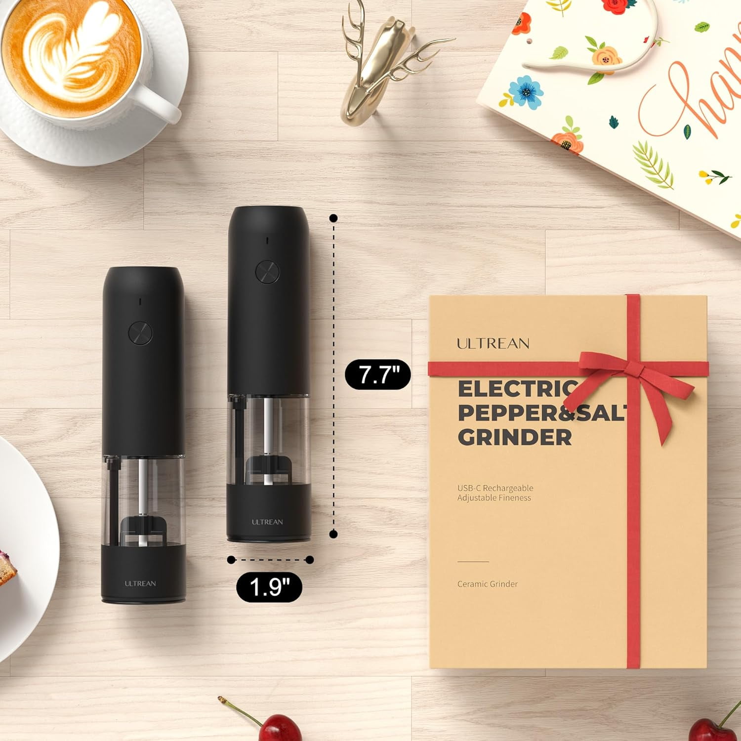 Ultrean Pepper Grinder, Rechargeable Salt and Pepper Grinder with 6 Adjustable Coarseness, LED Light, One-Hand Automatic Operation, Black