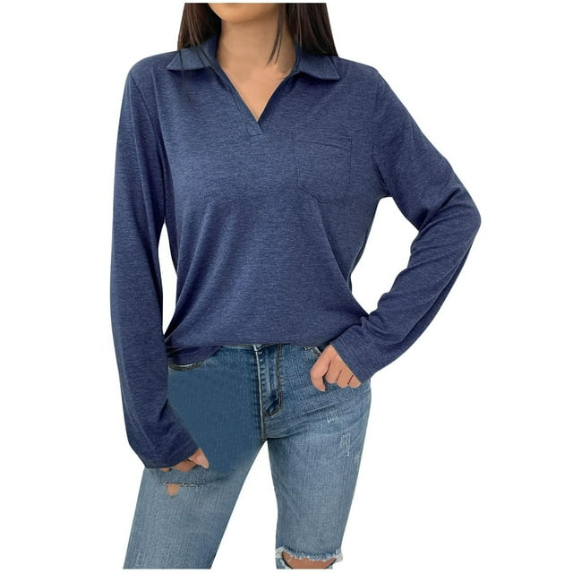 cfhntfmh Lounge Tops for Women 2024 Soft Collared Long Sleeve Solid Color Shirts Loose Fall Basic Blouses with Pockets