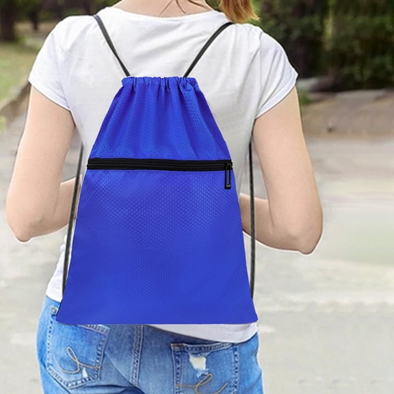 Drawstring Backpack Bag - Waterproof Draw String Back Sack, with Zip Pocket, Gym Drawstring Bags Swim Bag for Men Women, Blue