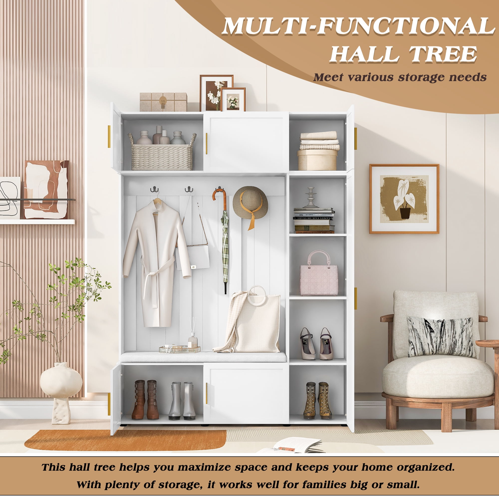 80"H Farmhouse Hall Tree with Bench & Shoe Storage,Multifunctional Hall Tree with 4 Hooks,Multi-Tier Storage Shelves for Hallway,Living Room,White