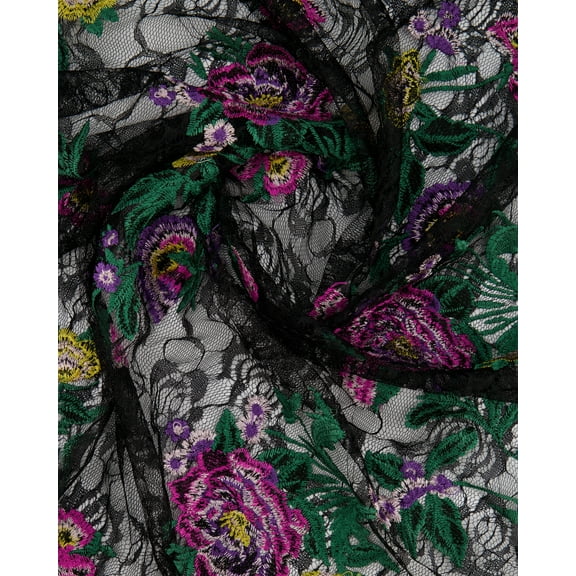 Zelouf Eloise Embroidery On Lace , Sewing, DIY, Crafts Fabric by the Yard, Black/fuchsia, 3 Yard
