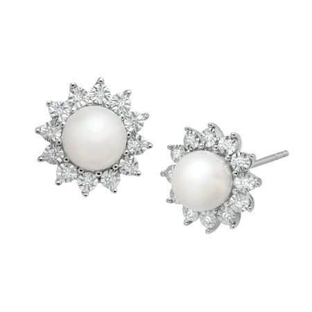Freshwater Pearl and 1/8 ct Diamond Stud Earrings in 14kt White Gold