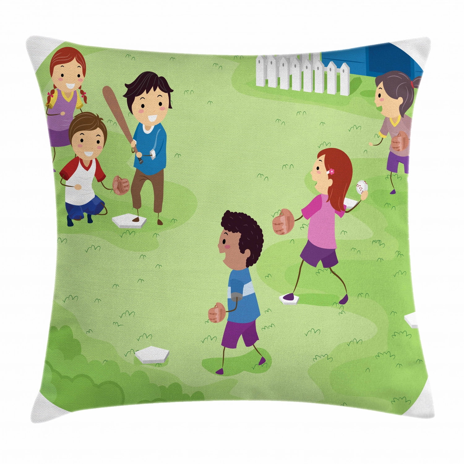 Kids Sports Throw Pillow Cushion Cover, Friends at Backyard Playing Baseball Joyful Childhood Days Cartoon Style Print, Decorative Square Accent Pillow Case, 16 X 16 Inches, Multicolor, by Ambesonne