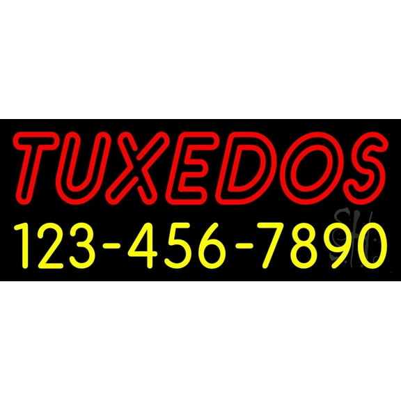 Double Stroke Tuxedos With Phone Numbers LED Neon Sign 13" Tall x 32" Wide - inches, Black Square Cut Acrylic Backing, with Dimmer - Premium built indoor Sign for Storefront, Store interior, Studio.