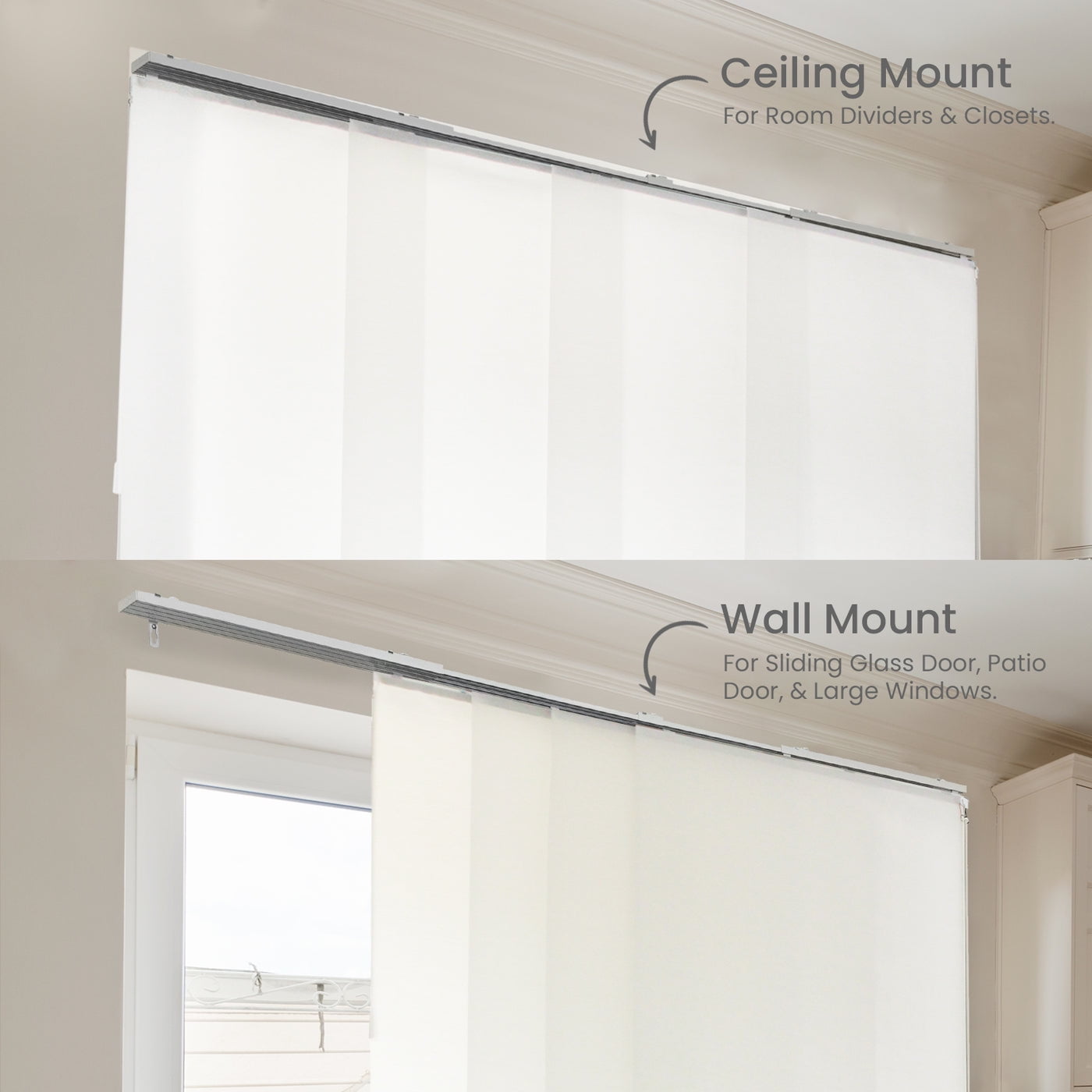 Adjustable Cordless Light Filtering Panel Track Blinds, Vienna Snow - 46"-86"W X 0"-96"H