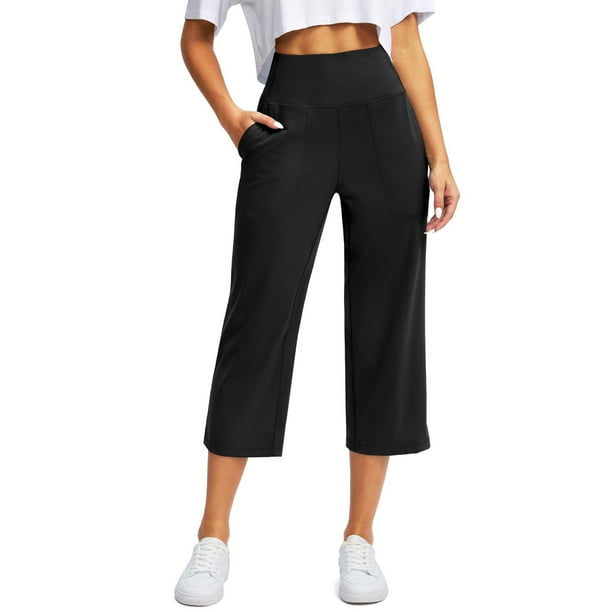 pantalón elástico de cintura alta 3/4 para mujer pantalones de pierna capris anchos con ajuste activo casual pantalones con bolsillos negro / l