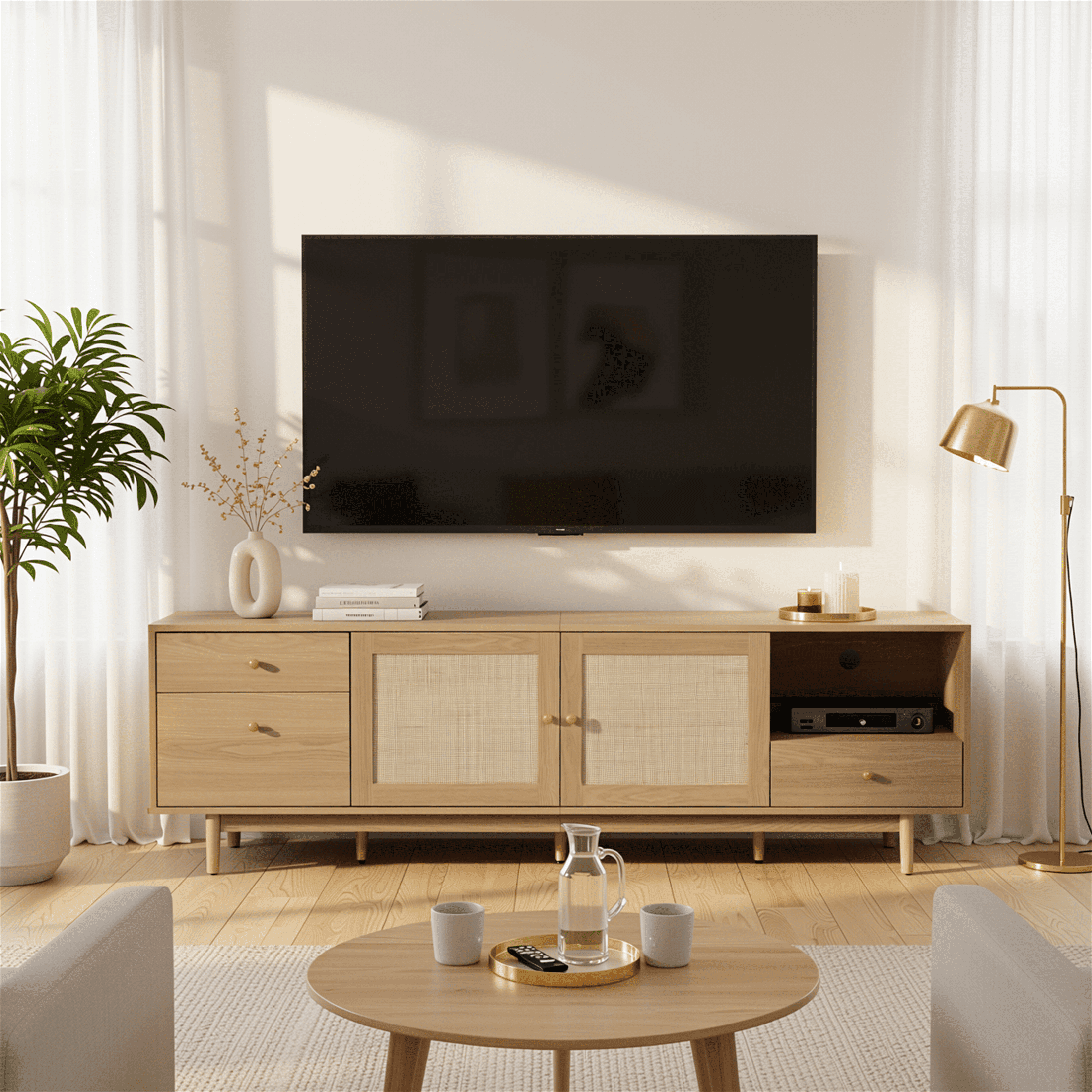 Homy Casa 76.6" Natural TV Stand for 80-inch TVs with Rattan-Style Doors, 3 Drawers and Open Shelf