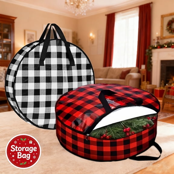 24 Inch Wreath Storage Bag, Plaid Round Oxford Pouch, Reinforced Handles Smooth Zipper, Holds Christmas Wreaths Bells Garlands, Guards Decor from Damp and Squeezing for Seasonal Storage