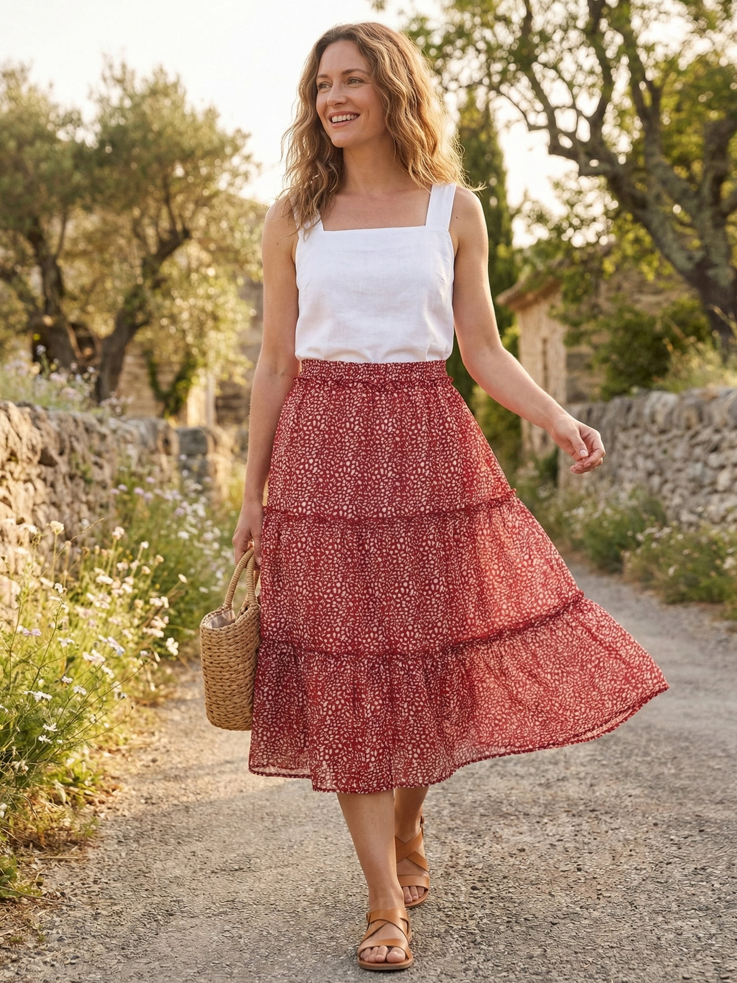 DARING DIVA Women's Midi Elastic A-Line Ruffle Flowy Skirts Small Wine Red