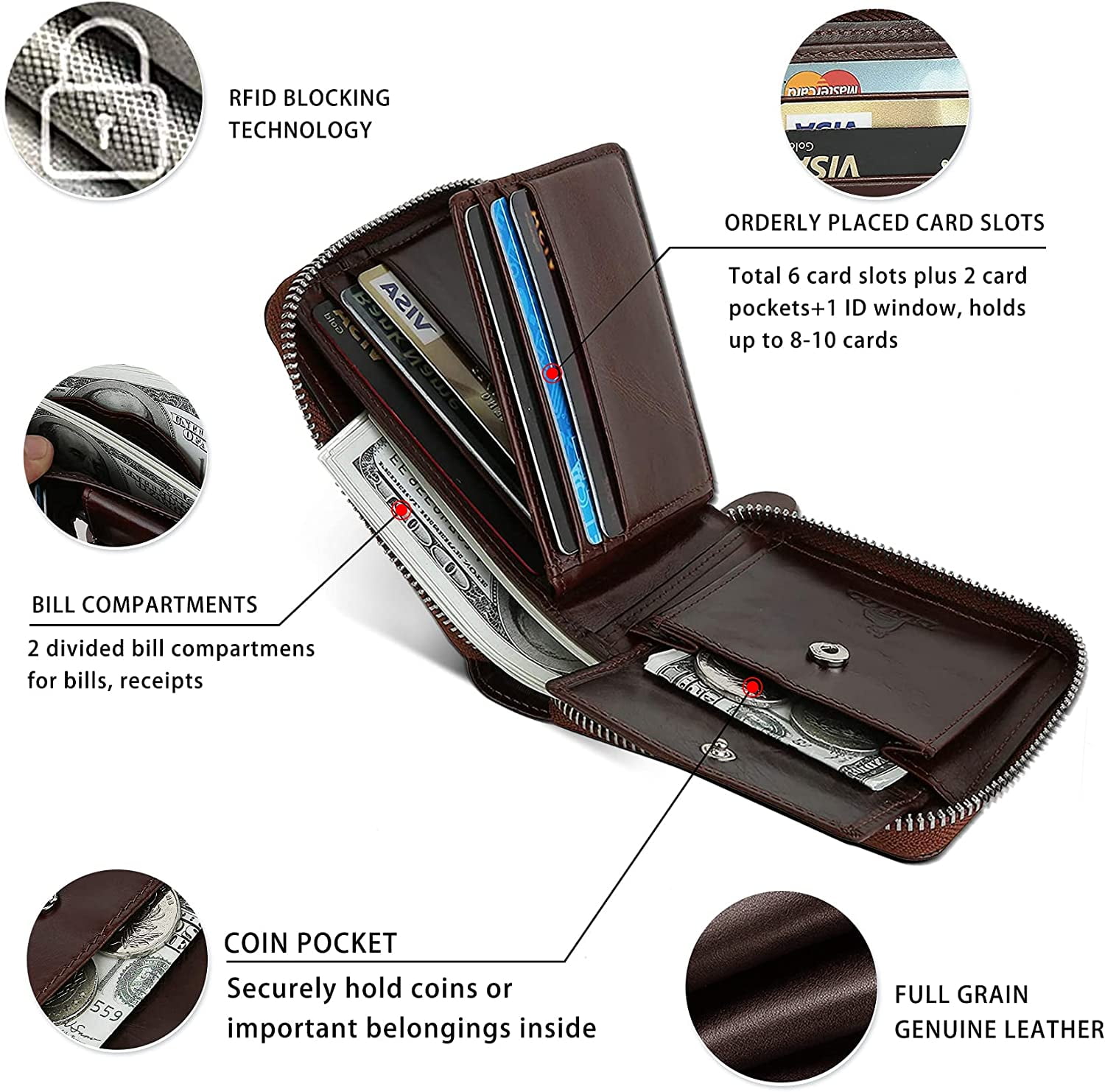 CALFART Slim Zipper Wallets For Men RFID Leather Mens Bifold CALFART Slim Zipper Wallets For Men RFID Leather Mens Bifold