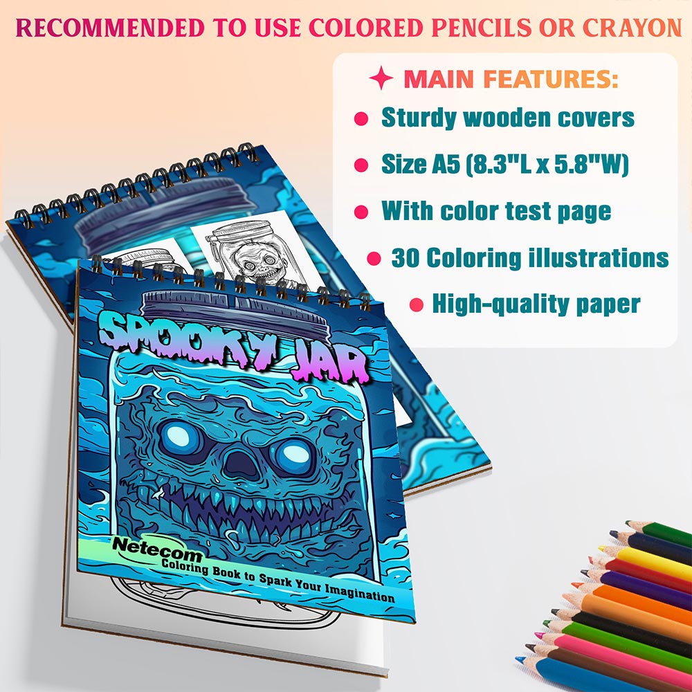 Netecom Spooky Jar Coloring Book for Adults, A5 Wooden Cover, 30 Haunting Coloring Pages of Magic Jars for Stress Relief and Relaxation, Spiral Bound Edition