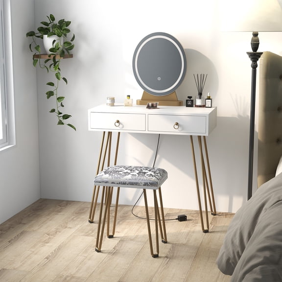 Flarhetoric Vanity Desk Set with Lighted Mirror, Makeup Vanity with Soft Cushioned Stool, 3 Lighting Modes Dressing Table, 2 Drawers Makeup Table, Small White Vanity Table for