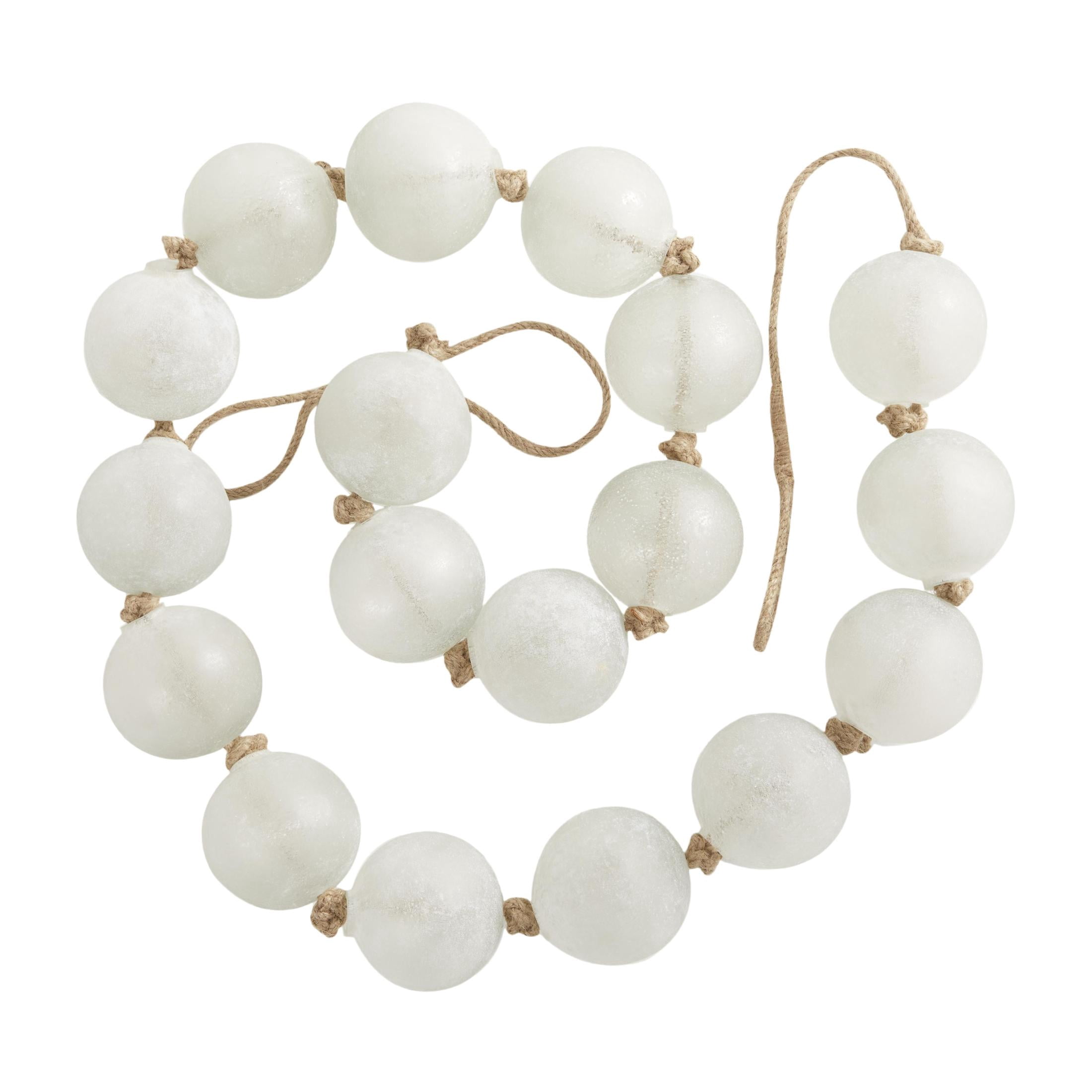 DecMode Handmade Round Extra Long Frosted Orb White Glass Garland with Tassel with Knotted Jute Rope
