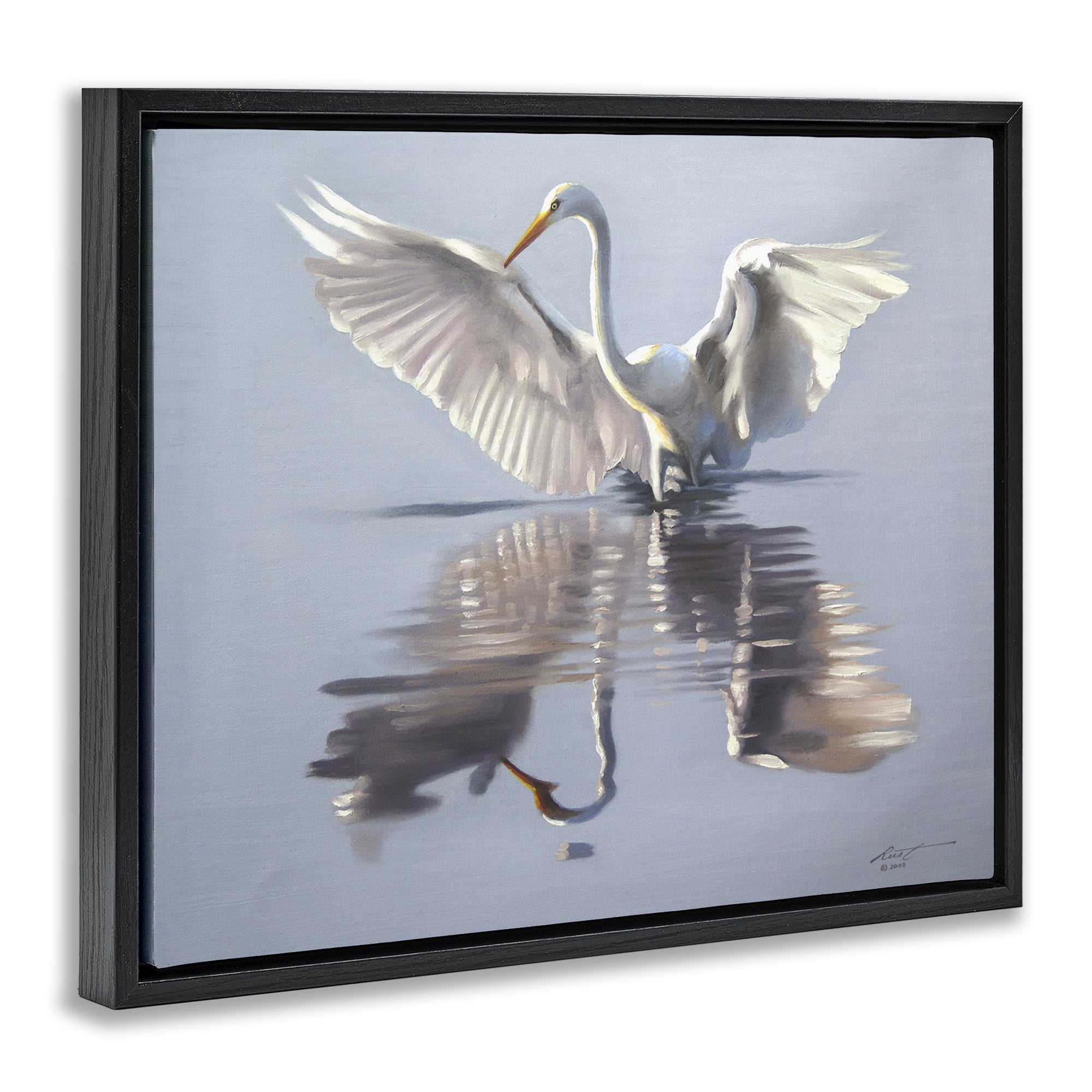 Stupell Industries Egret with Beautiful Wingspan Animals & Insects Painting Black Floater Framed Canvas Art Print Wall Art, 21 x 17