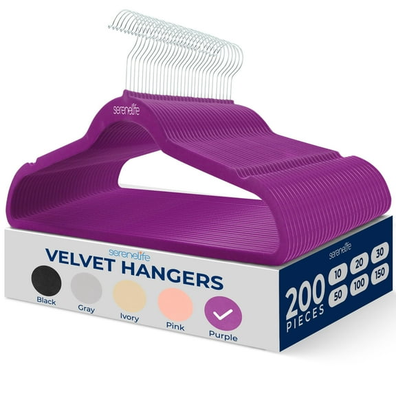SereneLife 200 Pack Velvet Hangers - Non-Slip Felt Hangers with 360 Swivel Hook, Space-Saving, Ultra-Thin, Lightweight for Shirts, Sweaters, Hoodies, Kids Clothes & Dresses