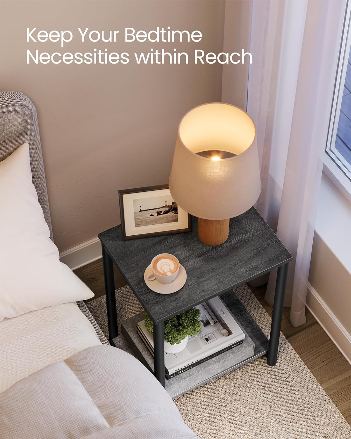Side Tables Set of 2 Small End Table Nightstand for Living Room Bedroom Rectangle Misty Gray and Classic Black
