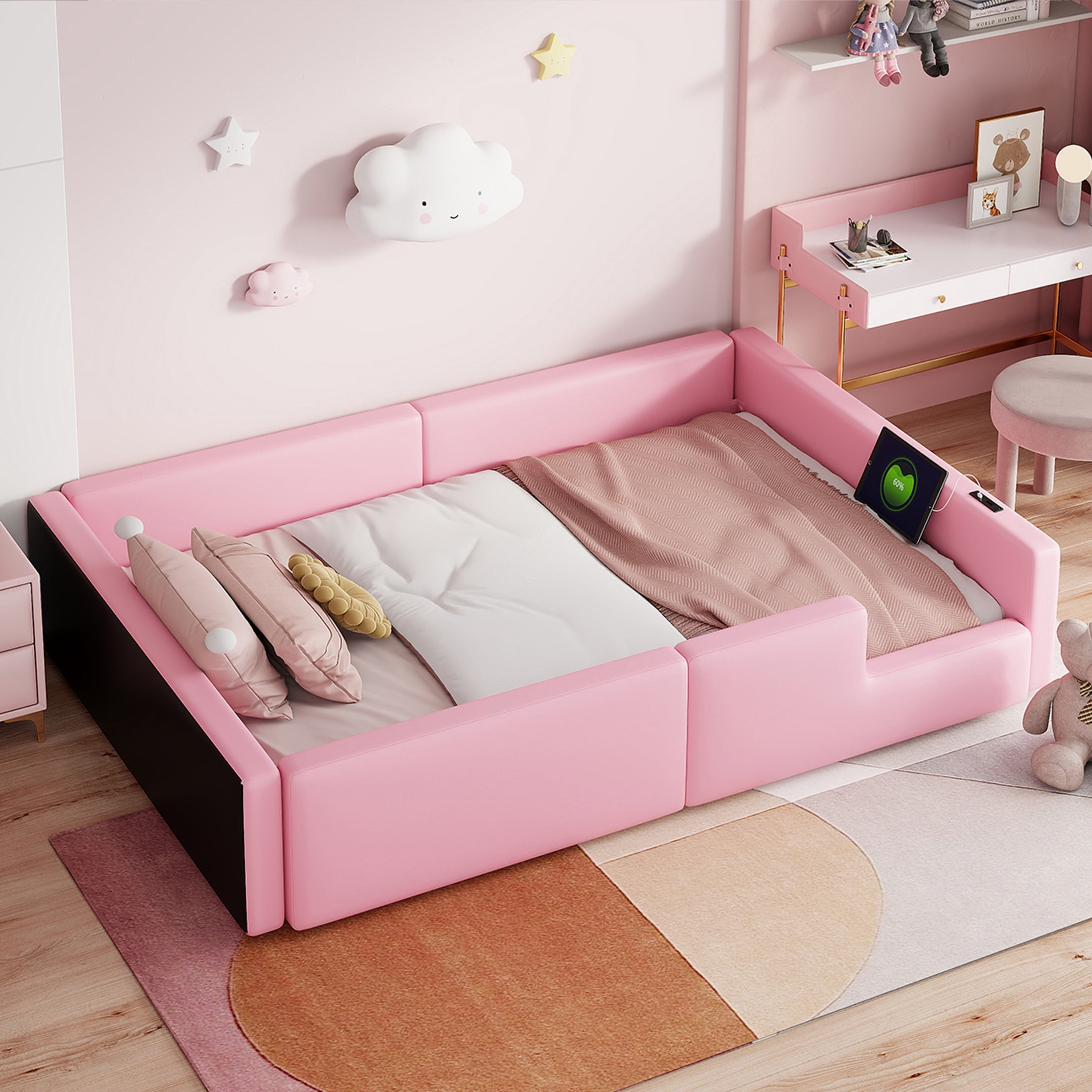 Noble House Twin Upholstered Platform Bed, PU Leather Frame with Charging Station and Guardrail, Space Saving, Pink