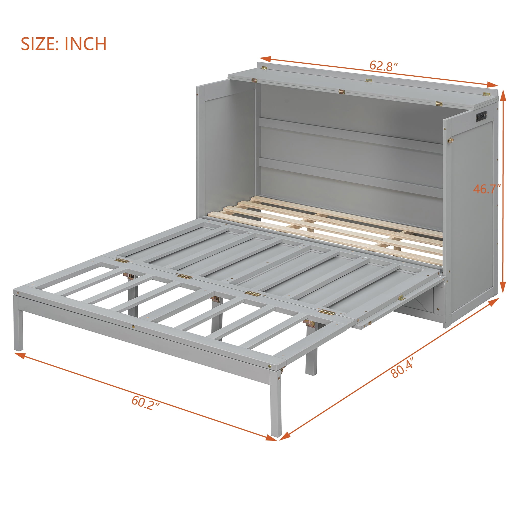 Mintazer Queen Murphy Bed with Storage Drawer & Charging Station, Modern Foldable Cabinet Bed with Geometric Pattern for Bedroom Apartment Guest Room, White