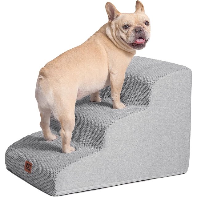 TEMOGU-Curved Dog Stairs Ramp for Small Dogs 15.7" H, 3-Step Dog Steps for Couch Sofa and Chair, Pet Stairs for Cats, Non-Slip Balanced Pet Steps Indoor, Light Grey