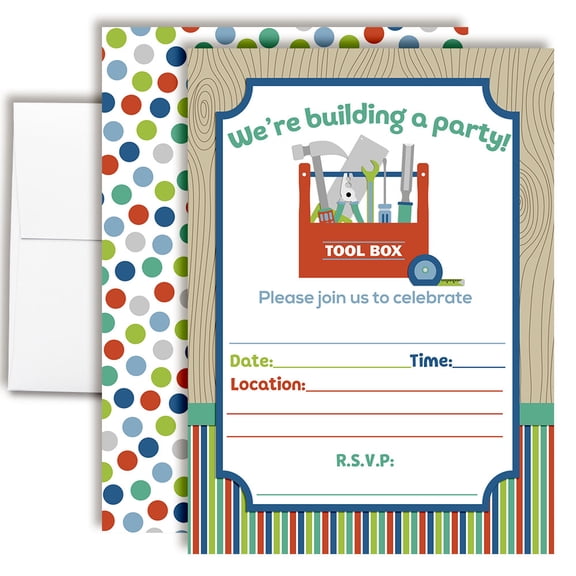 Building a Party Tool Box Birthday Invitations for Kids, 20 Fill-In Cards with Envelopes, 5x7 Children's Birthday Party Invitations, Birthday Party Supplies, Made in USA by Amanda Creation