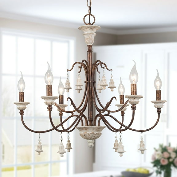LNC 6-Light French Country Wood Chandelier for Kitchen Island,Weathered White&Bronze