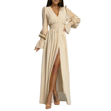 

Gwiyeopda Long Sleeve Split Dress for Women V Neck Elastic Waist Flowy One-Piece