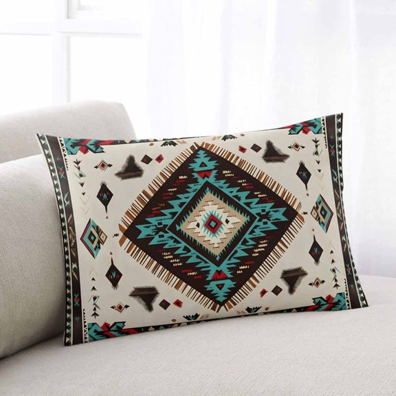 Red Teal Brown Southwestern Throw Pillow Covers, Ethnic Geometric Boho Retro Soft Breathable Pillow Cases with Invisible Zipper for Sleeping, Toddler Pillowcases for Couch Bed Sofa Chair 12x20 Inches
