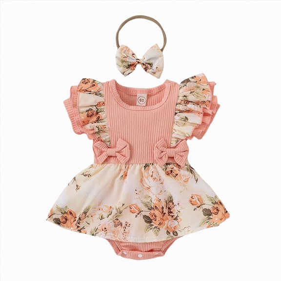 ZHANGDER Newborn Infant Baby Girl Clothes Newborn Summer Outfits Ruffle Sleeve Romper Dress with Headband Cute Romper Dress Set, Pink 6-9 Months