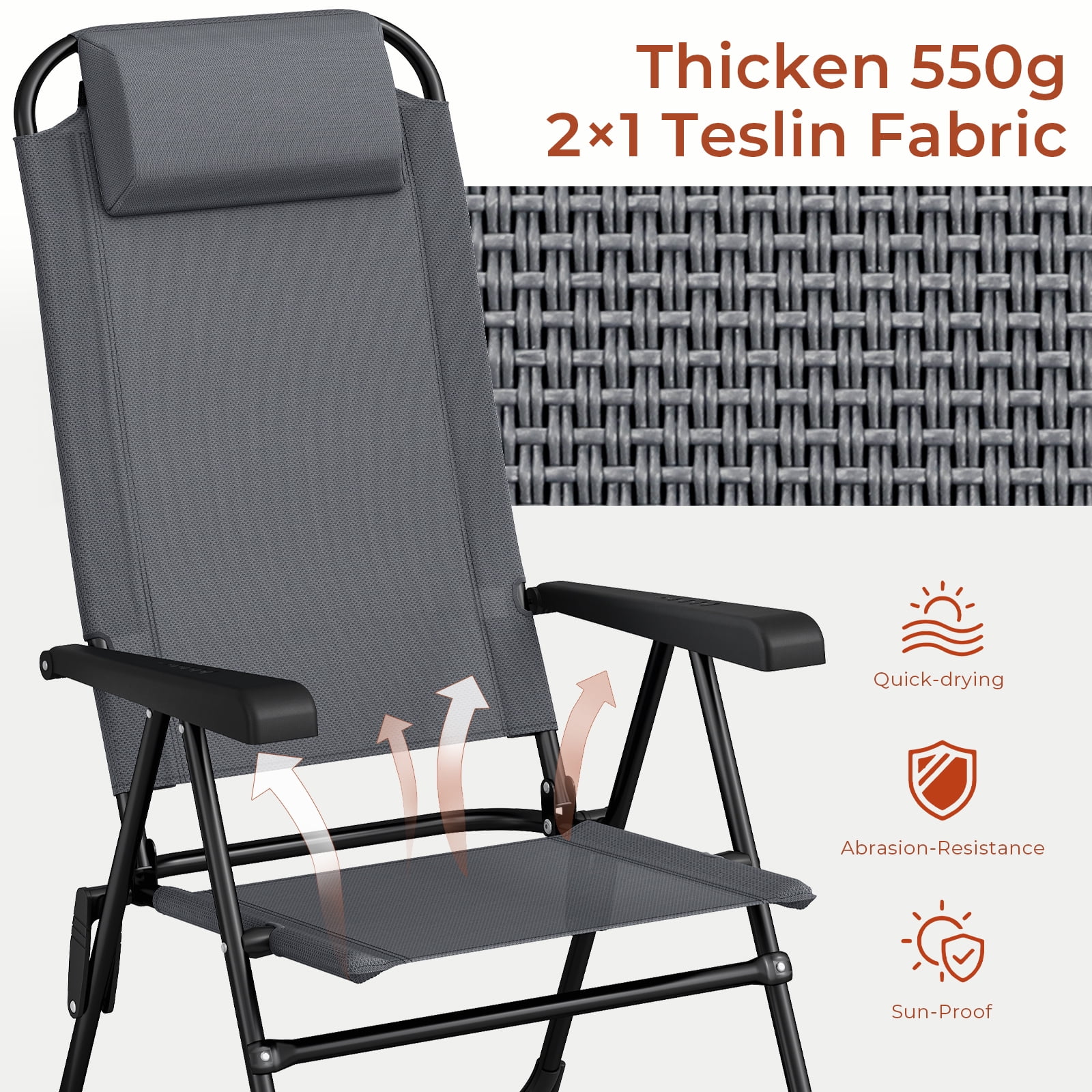 Arlopu Folding Patio Chair Set of 2, Outdoor Textilene Chair w/ 5 Level Adjustable Back for Garden Pool, 300Lbs