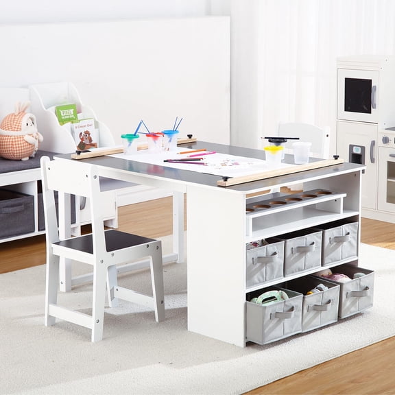 TROPOW Kids Art Table and 2 Chairs,Toddler Craft and Play Wood Storage Desk with Storage Bins, Drawing Desk, Kids Activity and Study Table, Activity & Crafts for Children Wooden Furniture