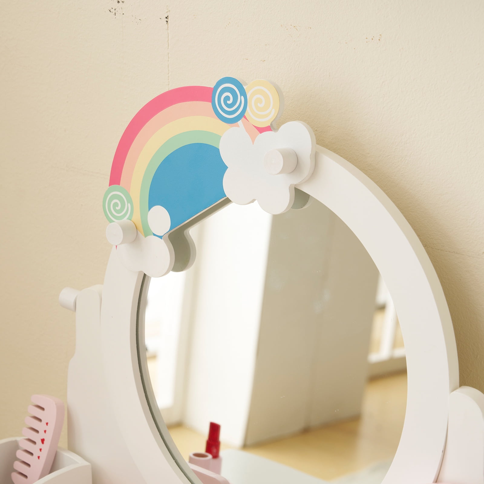 Paproos Kids Vanity with Mirror, Wood Girls Vanity Set with Drawers & Stool, Princess Toddler Dressing Table with 7Pcs Pretend Play Makeup Toys, Makeup Vanity Table for Littler Girls Aged 3+, White