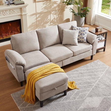 Jarenie 80" Convertible Sectional Sofa, Small L Shaped 3 Seat Couch with Reversible Storage Chaise, Modern Polyester Fabric Sofa Couches for Living Room, Apartment and Small Space, Beige
