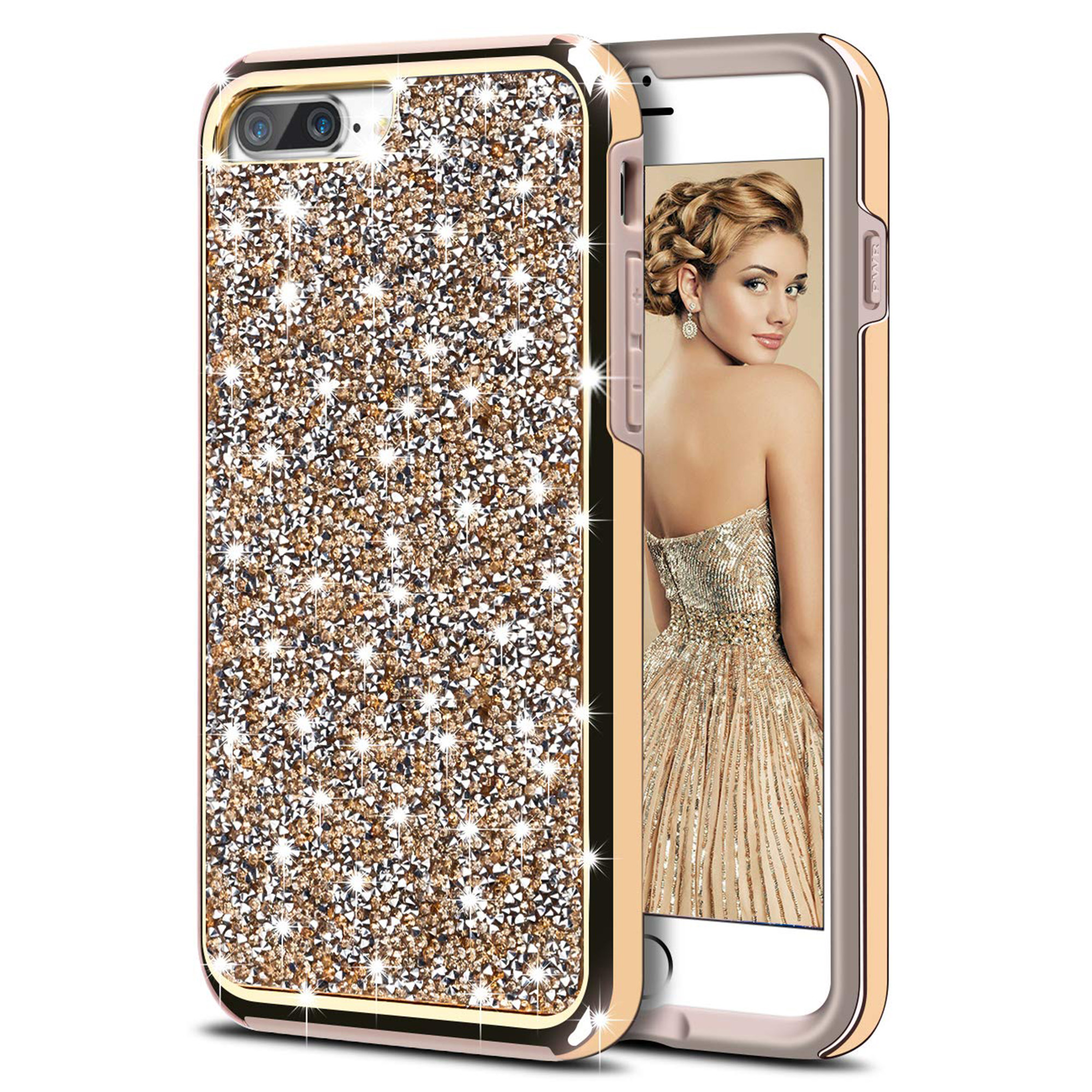 IKASEFU Compatible with iPhone 7 Plus/8 Plus Case Shiny Sun mandala Floral Rhinestone Pu Leather Diamond Bling Wallet Strap Case with Card Holder shockproof Magnetic Flip Bumper Cover,Brown