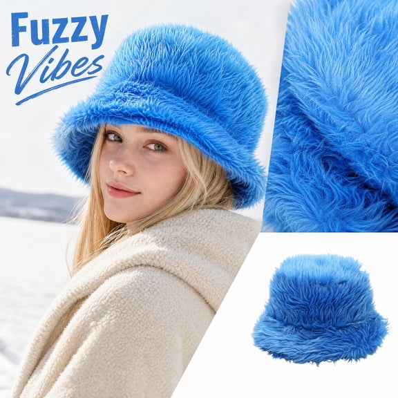 Lumtrix Women and Men Faux Fur Bucket Hat Fluffy Plush Winter Hat Soft and Cozy Cute Solid Color Headwear Cap Royal Blue One Size