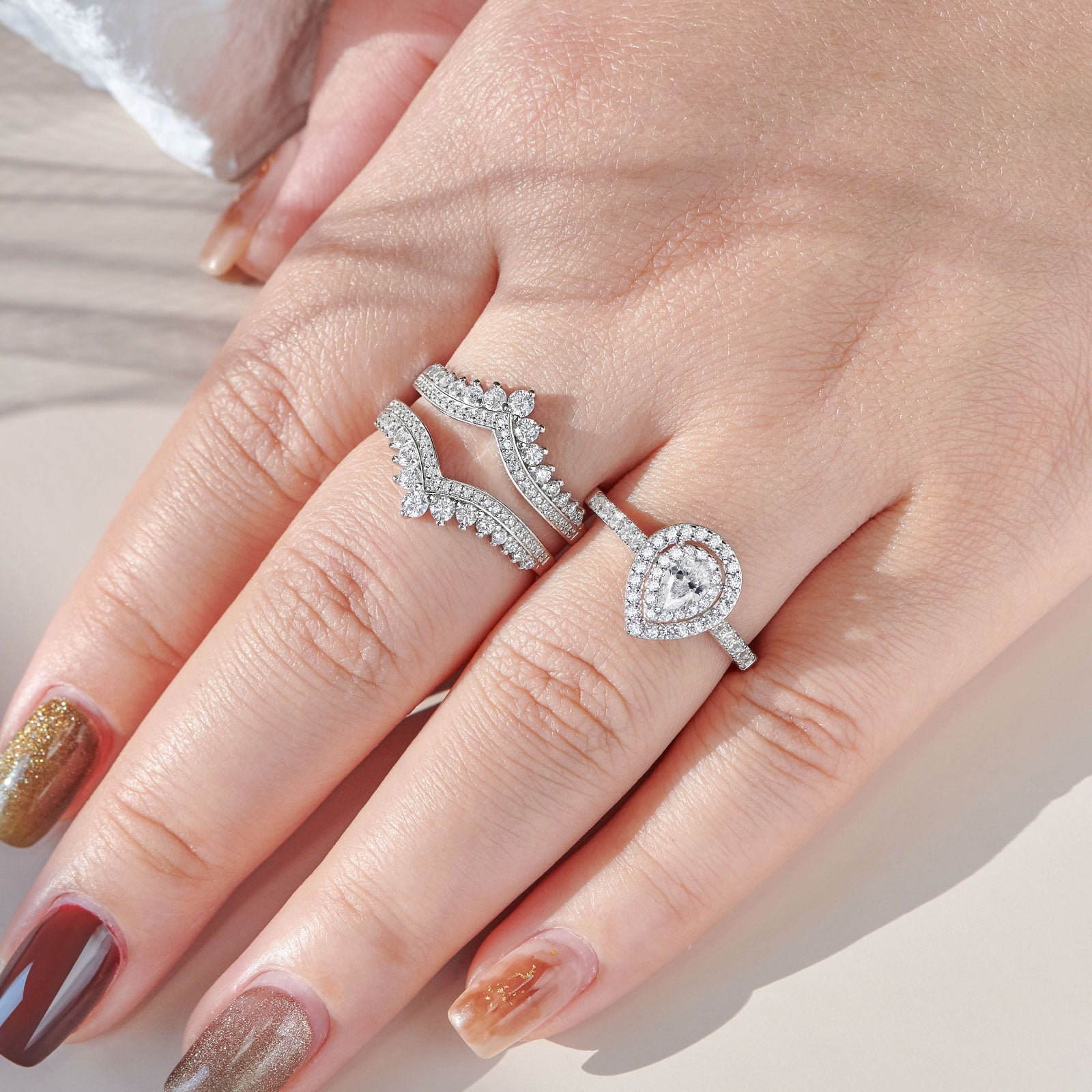 Newshe Jewellery 3 Ct Moissanite Wedding Rings Set Pear Cut Engagement Rings for her Bridal Ring Enhancer Size 10