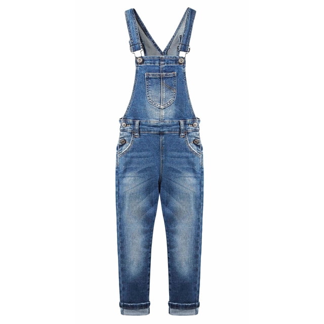 Overol Vaquero Desgastado de Algodón Roto Para Niñas, KIDSCOOL SPACE, Azul Profundo,7-8 Años