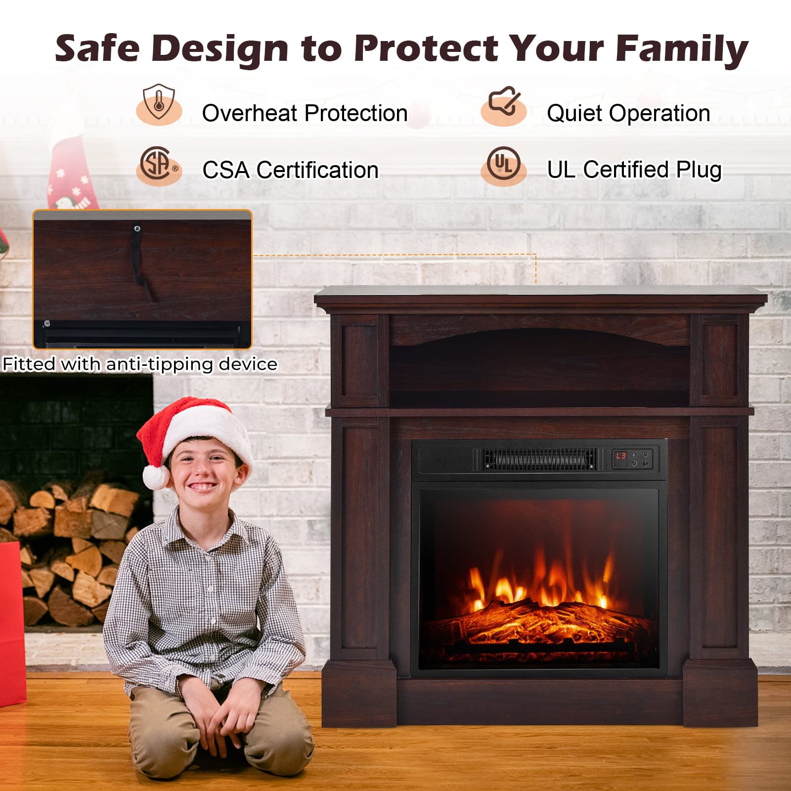 Topbuy 32" Electric Fireplace with Mantel 1400W Freestanding Heater with Remote Control & Adjustable Brightness Brown