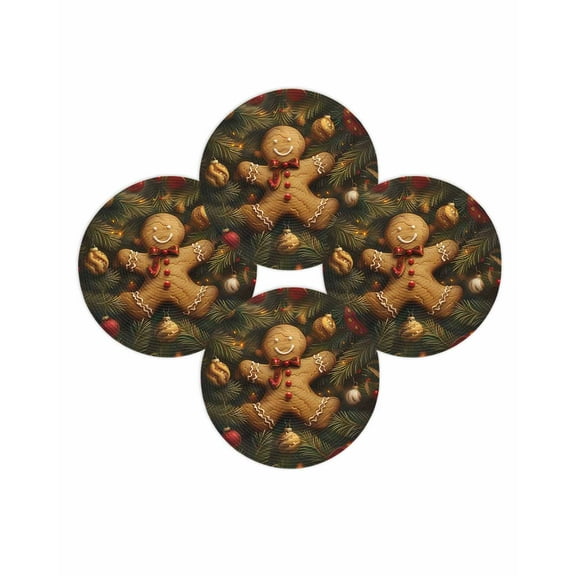 Christmas Round Placemats Set of 4 Gingerbread Man Ball Place Mats Washable Woven Placemat Pine Needles Red Ribbon Circle Braided Table Mat for Kitchen Dining Table Party Home Decor 15 Inch