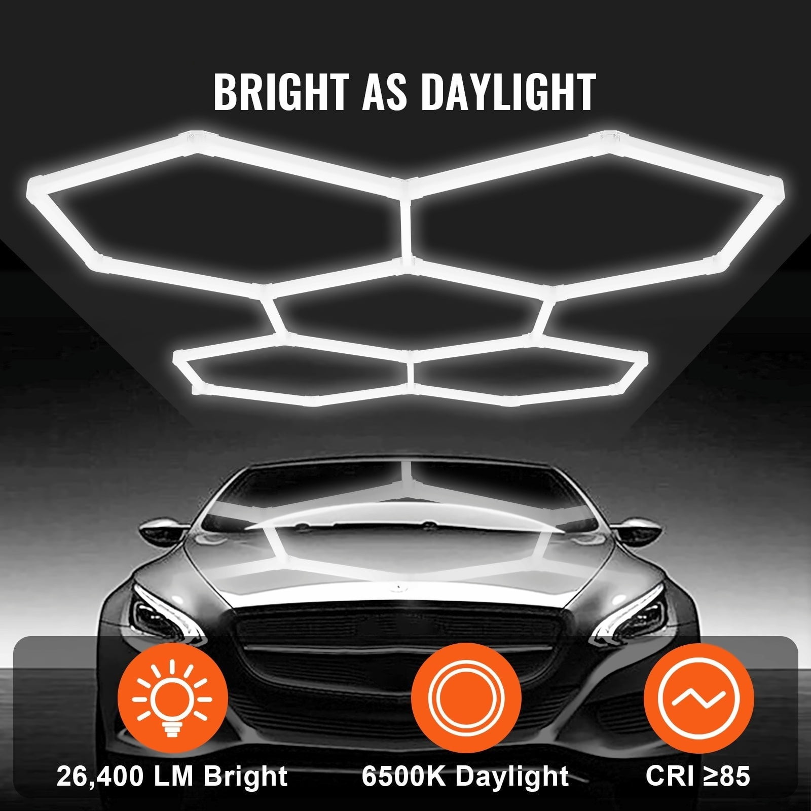 Hexagon Garage Lights 26400LM, 5-Panel LED Shop Ceiling Light, 6500K Daylight, DIY Modular Design, Honeycomb LED Fixture for Garage, Workshop, Basement