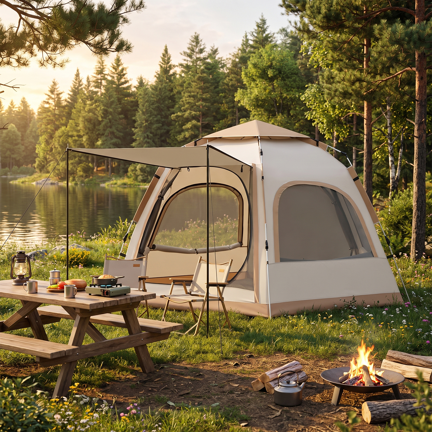 Carpa para acampar BN-LINK para 5-8 personas, impermeable y a prueba de viento, pop-up con 2 puertas, 4 ventanas grandes de malla, instalación automática instantánea para campamento, senderismo y viajes, beige 7