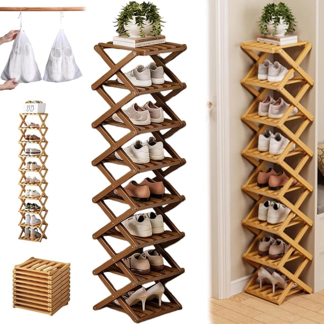 The 9-Tier No-Assembly Bamboo Rack, 2026 New Foldable Vertical Storage Organizer, Eco-Friendly, Durable, and Beautiful, No Installation Required, for Entryway Closet Dorm (Brown,8 Tier)