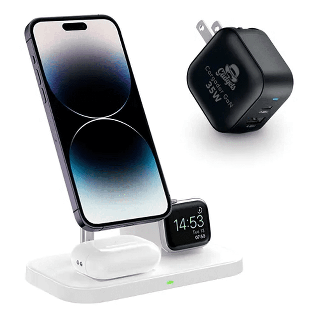Kit Cargador Inalámbrico 3 en 1 Mr. Gadgets 15W + Cubo 35W USB-C, carga simultánea iPhone MagSafe, AirPods y Apple Watch, diseño elegante y compacto, ideal para hogar, oficina y viajes Blanco