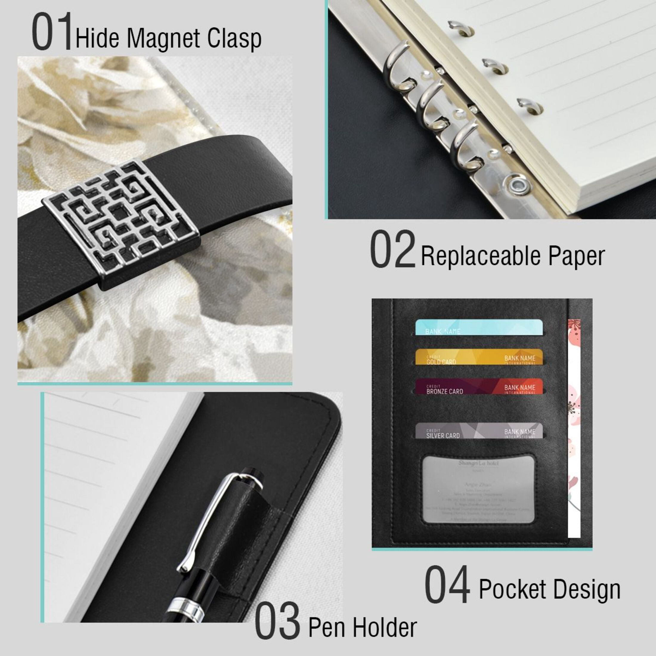 Leather Planner Leather Notebook Notebook Journal Binder Design Pen Pocket Design Convenient for Storage Dainty Delicate Floral Flowers