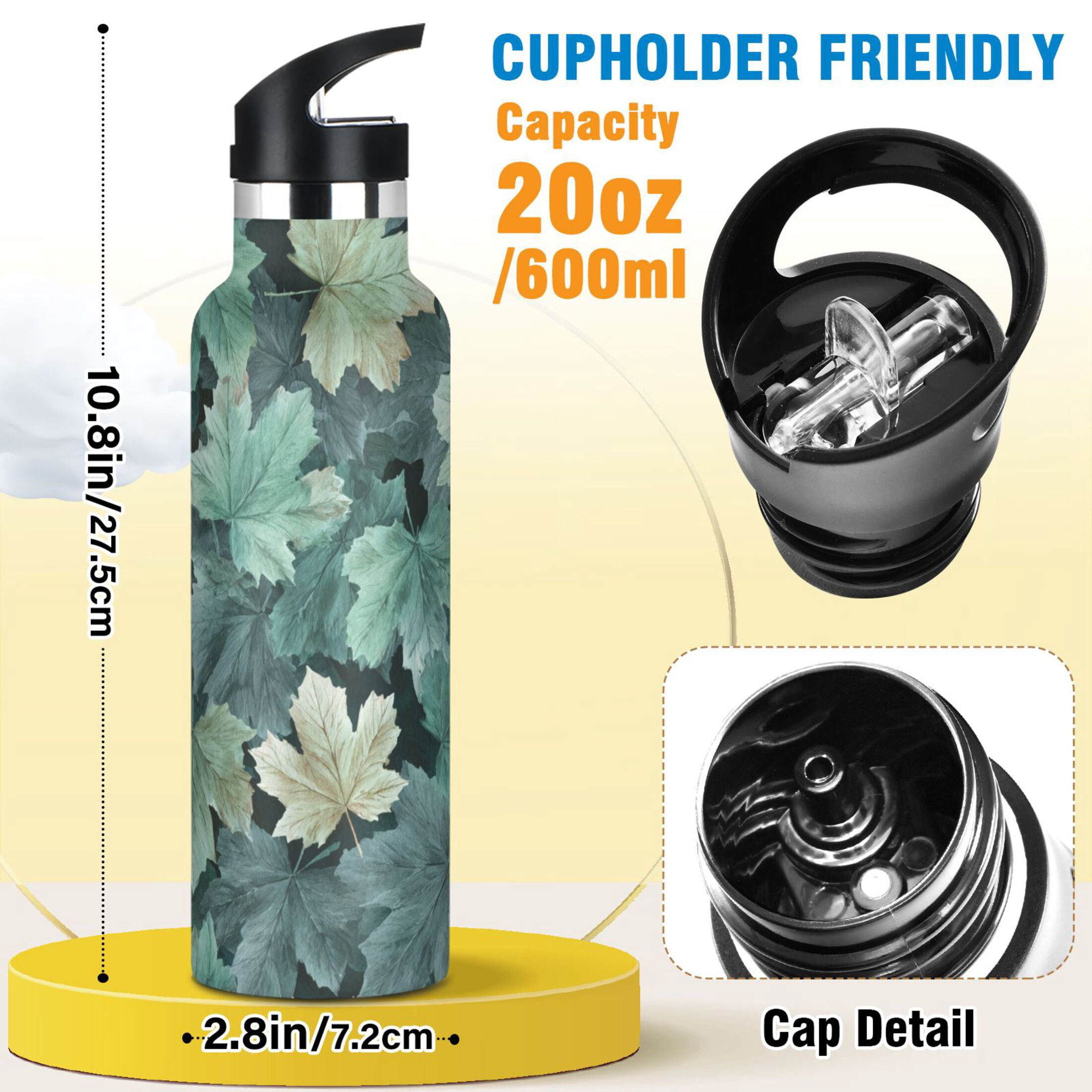 600ML Stainless Steel Insulated Cup Sports Water Bottle Portable Thermos Cup Water Glasses Insulated Tumblers Convenient and Durable Blue Maple Leaf