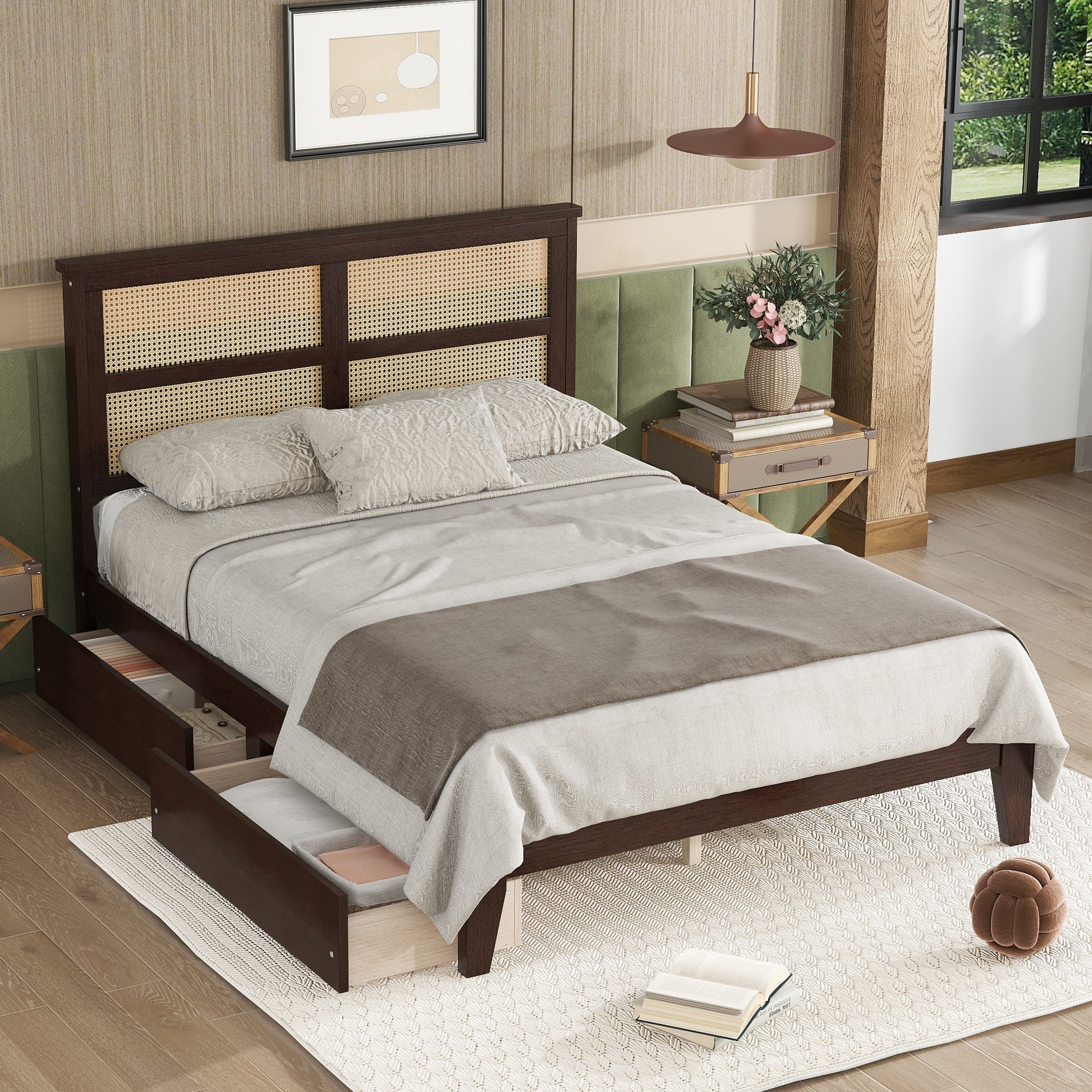 Sailvan Full Size Bed with Rattan Headboard, 2 Drawers, Rubber Wood Bed with Support Slats and Feet