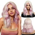 thumbnail image 1 of Short Pink Blonde Highlights Wavy Wig for Women Natural Blonde Roots Middle Part Heat Resistant Synthetic Fiber High Density 16In, 1 of 5