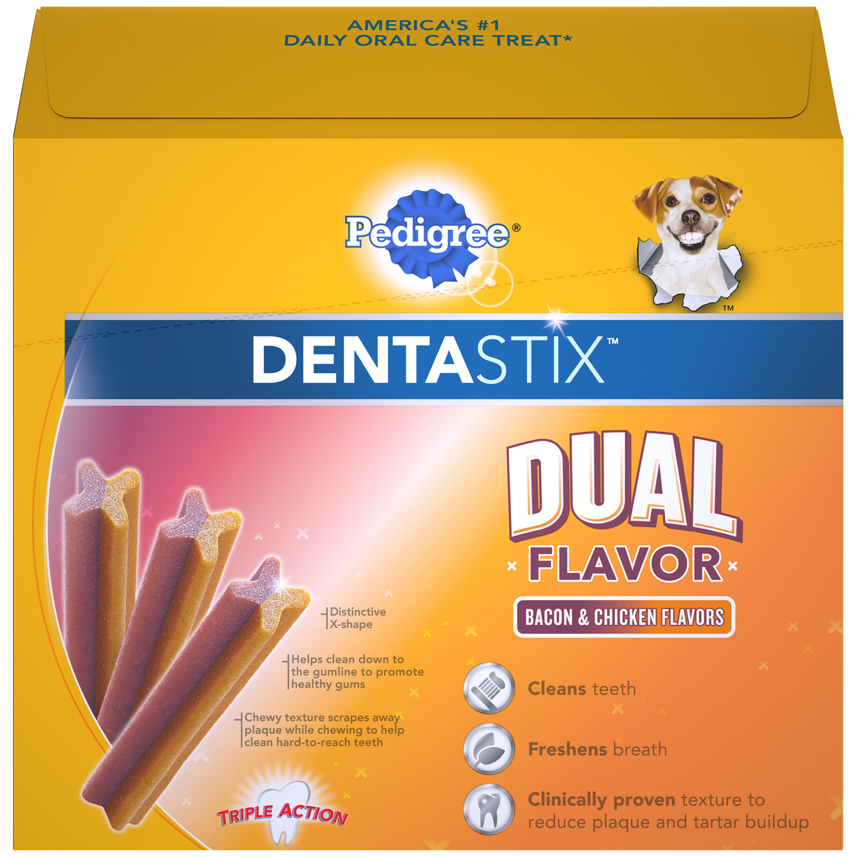 Pedigree Dentastix Dual Flavor Large Dog Treats, Bacon & Chicken Flavors, 1.47 lb. Pack (32 Treats)